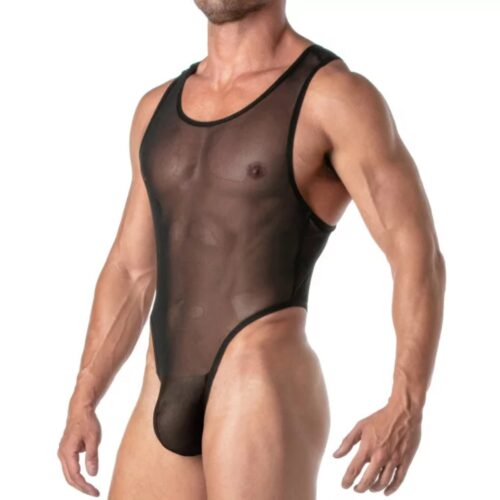 Male model in a sheer black bodysuit