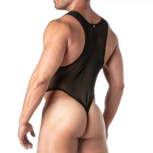 Muscular man in a black bodysuit, view from the back