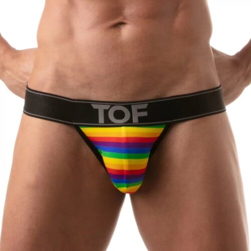 Model in a colorful striped thong