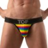 Rainbow-striped thong on a male model
