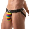 A man in a rainbow-striped thong by TOF