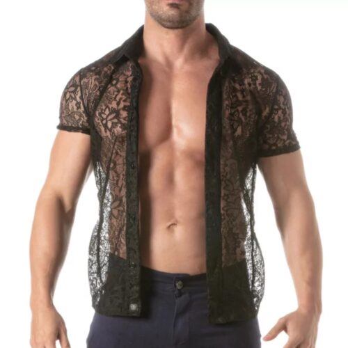 Muscular man in a sheer black lace shirt