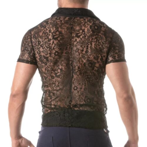 Sheer black lace shirt with floral patterns