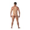 A man in a tan bodysuit, shown from the back
