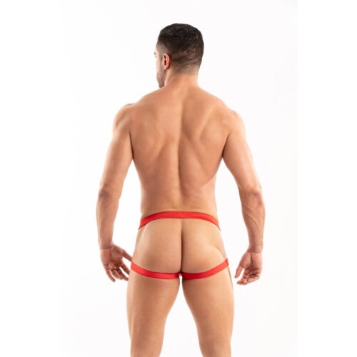 Model wearing a red thong from the back
