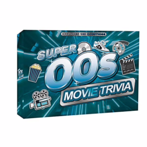 Test your knowledge of 2000s cinema with the Super 00s Movie Trivia game! Super 00s Movie Trivia game box, featuring colorful graphics and film-related icons