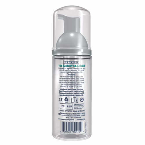 Swiss Navy Toy & Body Foaming Cleaner in a clear bottle with a pump top