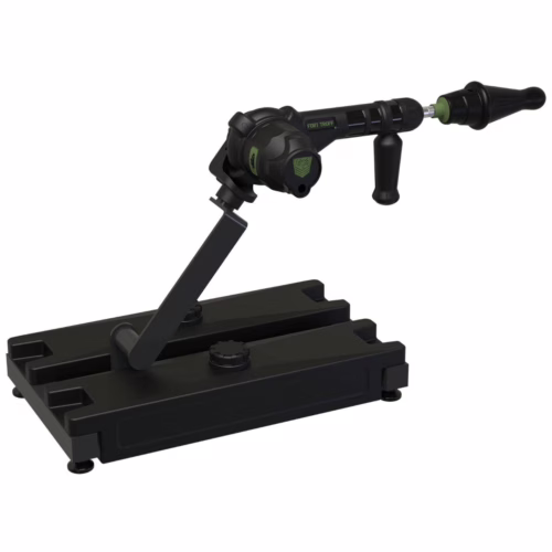 This precision tool is ideal for various tasks and is available at The Loving Company. A black adjustable tool with a handle on a stable base