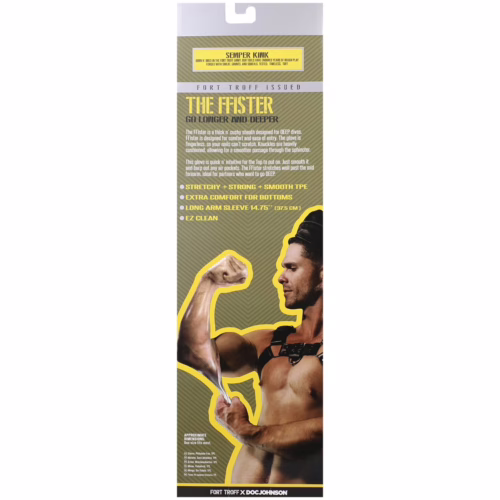 Fort Troff Ffister Fisting Glove packaging, highlighting features and usage