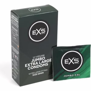 Explore comfort and safety with EXS Jumbo Extra Large Condoms, now available at The Loving Company. 12 EXS Jumbo Extra Large Condoms pack, available at The Loving Company, featuring vegan labeling and size details.