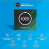 EXS Jumbo XXL condom pack, showcasing eco-friendly features on a blue background