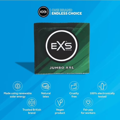 EXS Jumbo XXL condom pack, showcasing eco-friendly features on a blue background