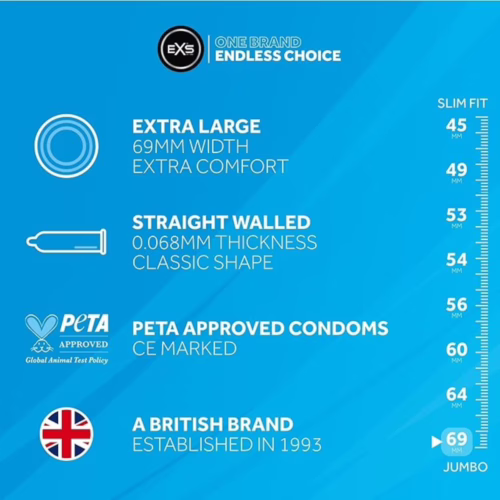 12 EXS Jumbo Condoms details including extra large size and PETA approval