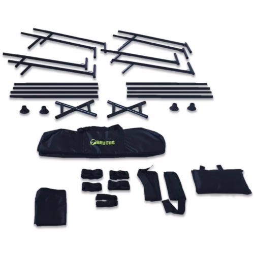 Various black components including bars and a bag