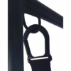 Close-up of a black carabiner attached to a strap on a metal frame