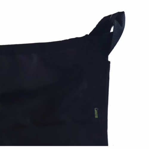 Close-up of a black bag with a strap and logo