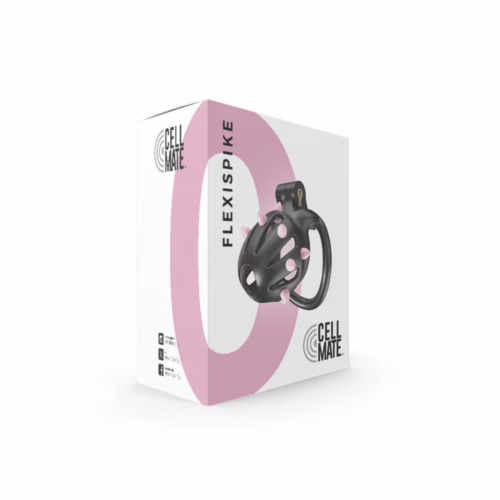 Cellmate Flexispike Chastity Cage in black, displayed in packaging