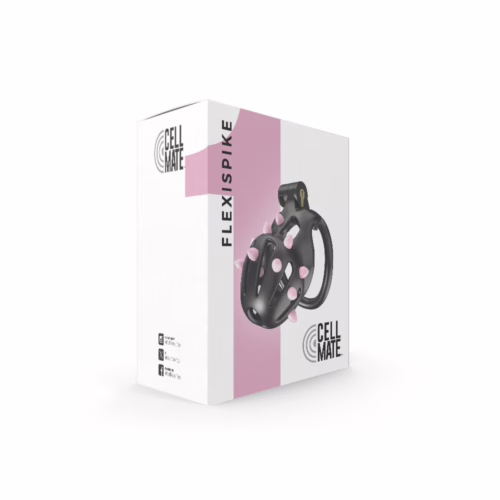 Cellmate Flexispike Chastity Cage - Black, with unique spike design on packaging
