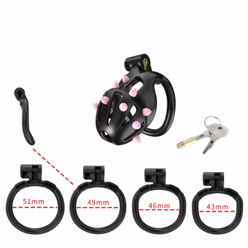 Cellmate Flexispike Chastity Cage in black, with spiked design, key and four ring sizes