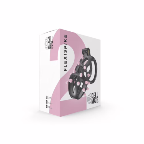 Cellmate Flexispike Chastity Cage - Black, shown in packaging with spikes