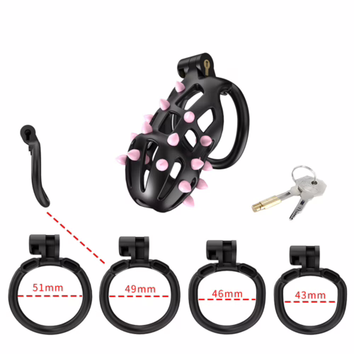 Cellmate Flexispike Chastity Cage in black with pink spikes, includes lock and key