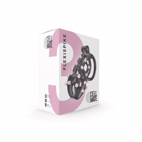 Cellmate Flexispike Chastity Cage - Black, shown in packaging with pink accents