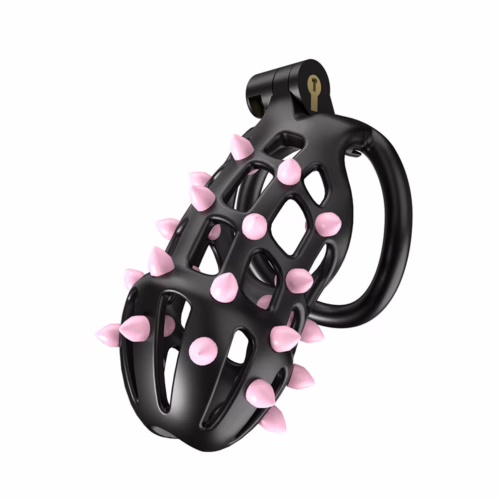 Cellmate Flexispike Chastity Cage with black spikes and pink accents