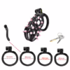Cellmate Flexispike Chastity Cage in black with pink spikes, includes key and ring sizes