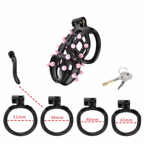 Cellmate Flexispike Chastity Cage in black with pink spikes, includes key and ring sizes