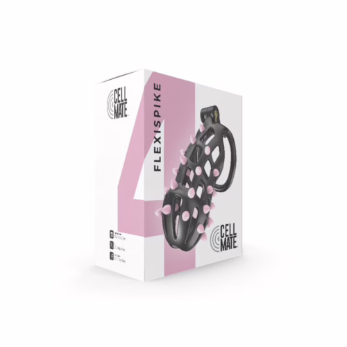 Cellmate Flexispike Chastity Cage - Black, shown in its packaging
