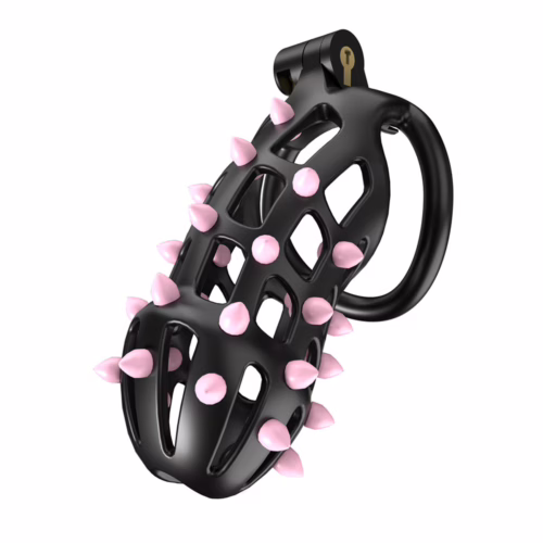 Cellmate Flexispike Chastity Cage in black with pink spikes