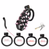 Cellmate Flexispike Chastity Cage in black with pink spikes, includes rings in various si
