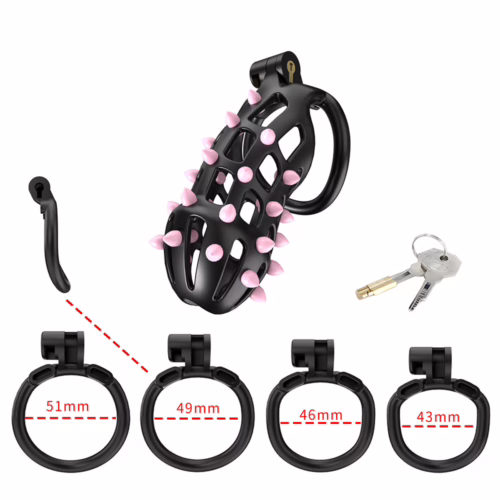 Cellmate Flexispike Chastity Cage in black with pink spikes, includes rings in various si