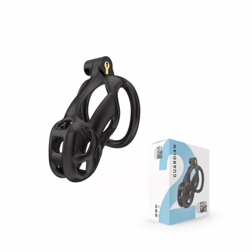 Explore new dimensions of pleasure with the Cellmate Guardian Chastity Cage. Cellmate Guardian Chastity Cage in black, with packaging shown in background