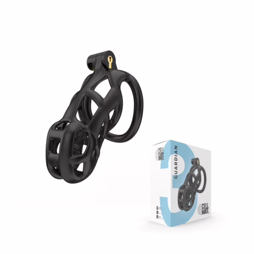 Discover the sleek design of the Cellmate Guardian Chastity Cage, perfect for enhancing your intimate experiences. Cellmate Guardian Chastity Cage - Black, displayed with its packaging