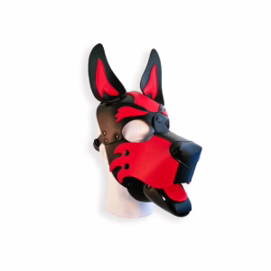 Unleash your playful side with the Brutus Vegan Pup Hood, now available! Brutus Vegan Pup Hood in red and black, available at The Loving Company, displayed on a mannequin head.