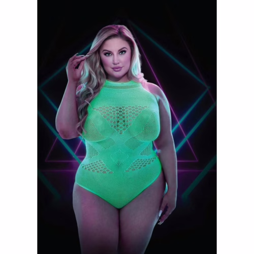 Model showcasing a glow-in-the-dark high cut teddy in neon green