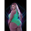 Model in a neon green high-cut teddy, showcasing curves