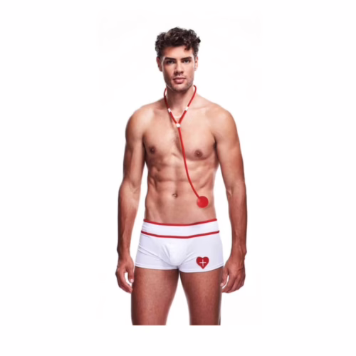 A man wearing a white and red Doctor Love Set, featuring a stethoscope