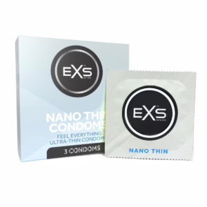Experience ultimate sensitivity with EXS Nano Thin condoms. EXS Nano Thin condom pack with three condoms, available at The Loving Company.