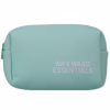 Hygiene kit in a mint green pouch labeled 'AWKWARD ESSENTIALS'