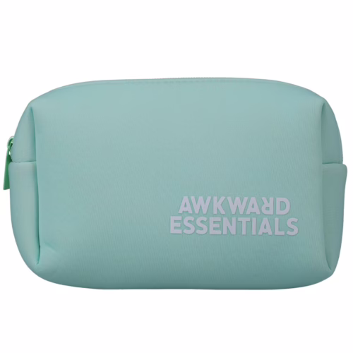 Hygiene kit in a mint green pouch labeled 'AWKWARD ESSENTIALS'
