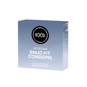 Experience comfort and safety with EXS Snug Fit Condoms, available in a convenient 48 pack. 48 pack of EXS snug fit vegan condoms, available at The Loving Company.