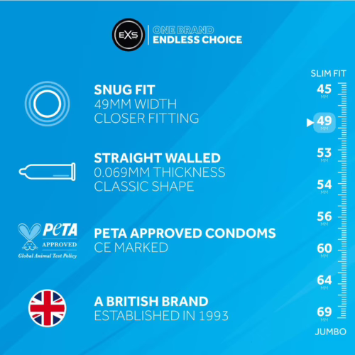 Discover the comfort of EXS Snug Fit condoms, now available at The Loving Company. EXS Snug Fit Condoms details including 49mm width, thickness, PETA approval, and