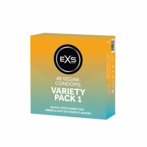 Explore pleasure with the 48 EXS Variety Pack 1 of vegan condoms, now available. 48 EXS Variety Pack 1 Condoms box, available at The Loving Company, featuring vegan options in mixed flavors.