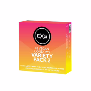 Explore a variety of sensations with the EXS Variety Pack 2 of vegan condoms. EXS Variety Pack 2 with 48 vegan condoms, available at The Loving Company, featuring bright gradient packaging.