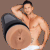 Realistic stroker with textured opening and a shirtless man