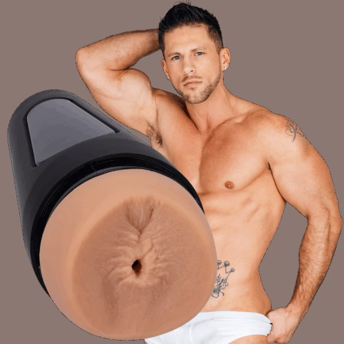 Realistic stroker with textured opening and a shirtless man