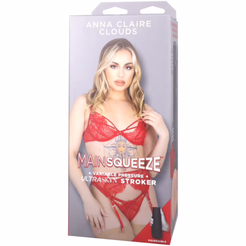 Main Squeeze Anna Claire Clouds Ultraskyn Stroker Pussy, model in red lingerie