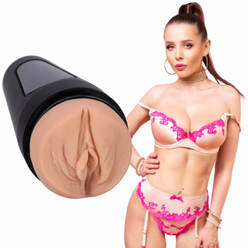 Main Squeeze Sybil Ultraskyn Stroker Pussynext to a model in pink lingerie